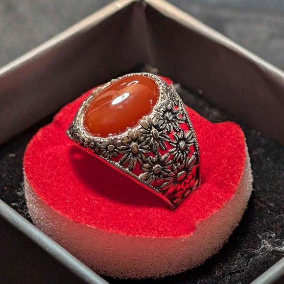 Carnelian aqeeq agate 925 Silver men's ring red carnelian aqeeq beautiful agate - Picture 2 of 5